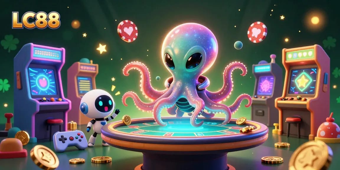 LC88 alien octopus interacting with holographic poker table in vibrant casino-themed illustration.