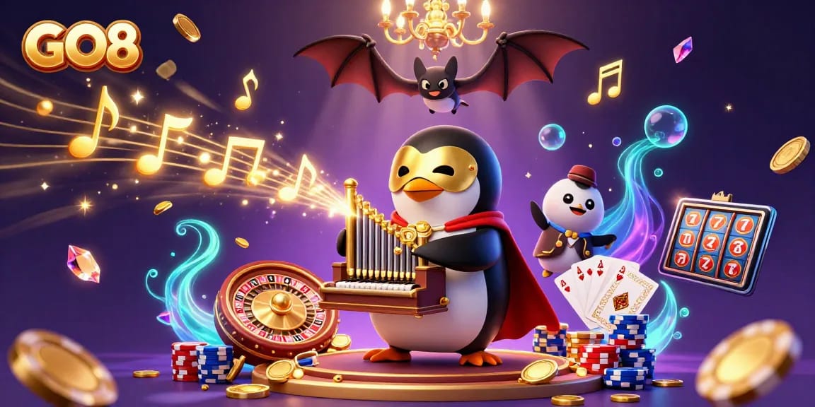 Experience excitement at GO8 with golden coins cascading from a penguin playing an organ.