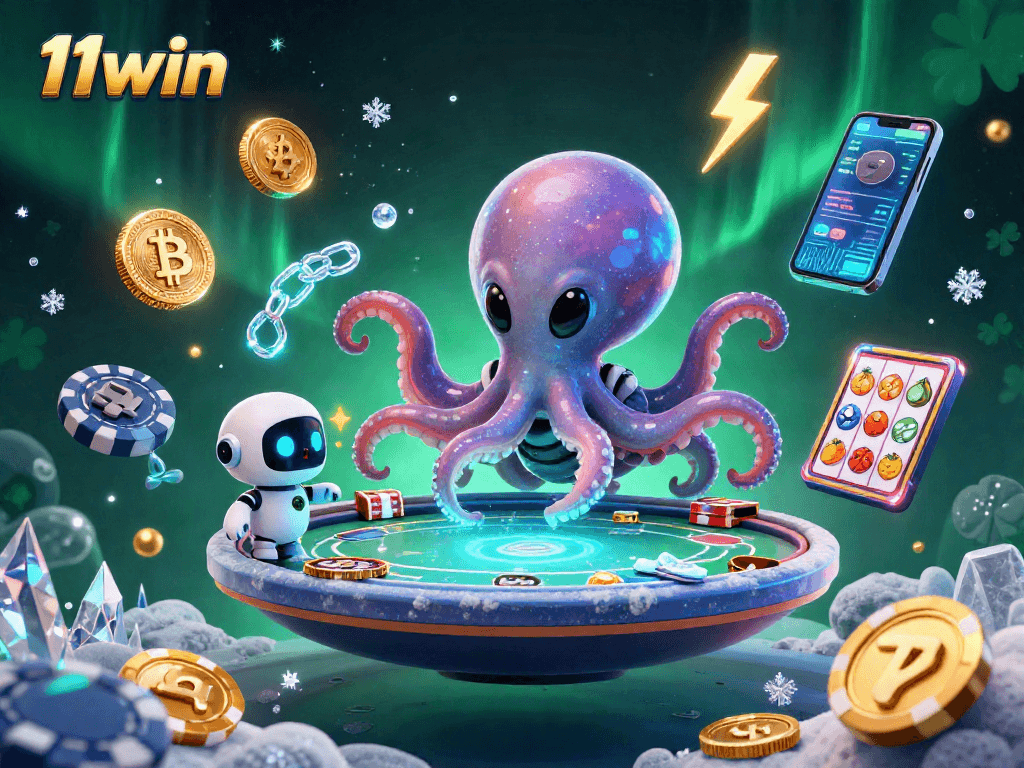 Join the fun at 11win with a vibrant alien poker scene featuring thrilling slot reels and crypto elements.
