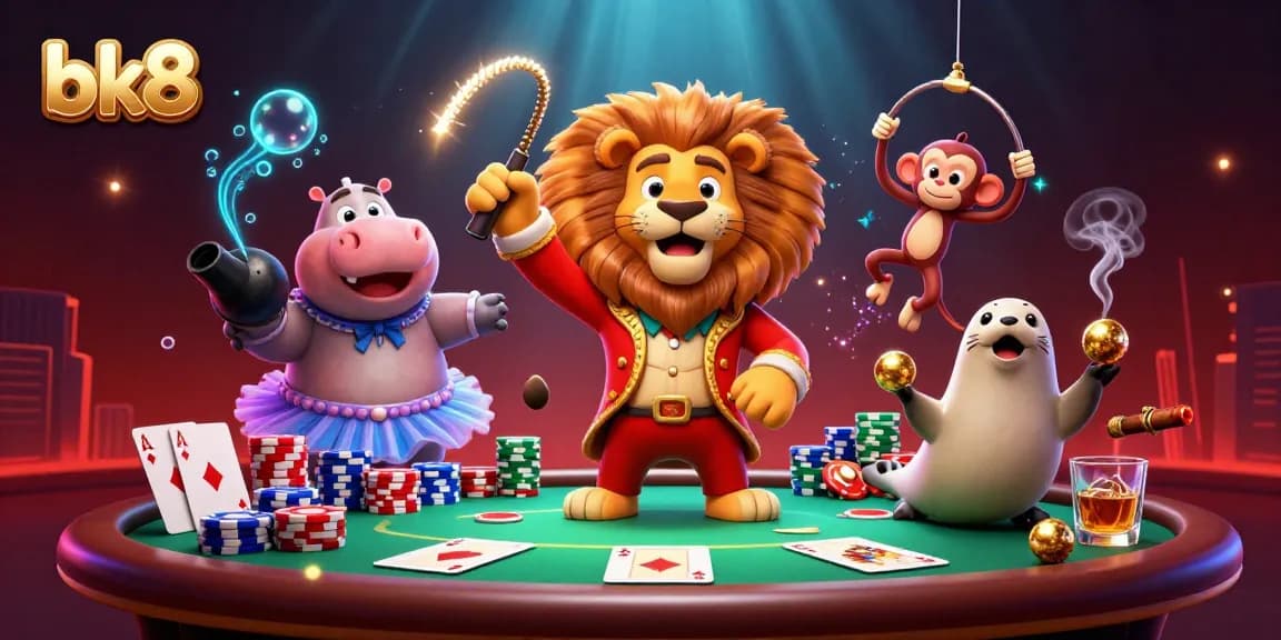 Experience thrilling gaming at bk8, featuring circus characters and dynamic poker elements.