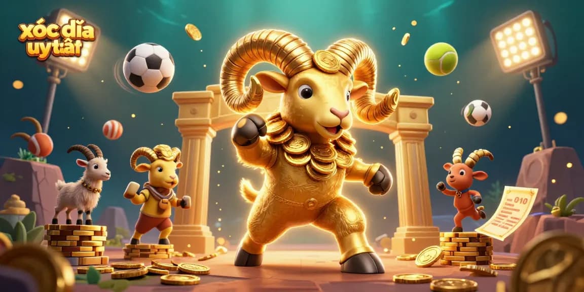 Experience xóc đĩa uy tín with a massive ram charging through a golden gate surrounded by vibrant sports elements.