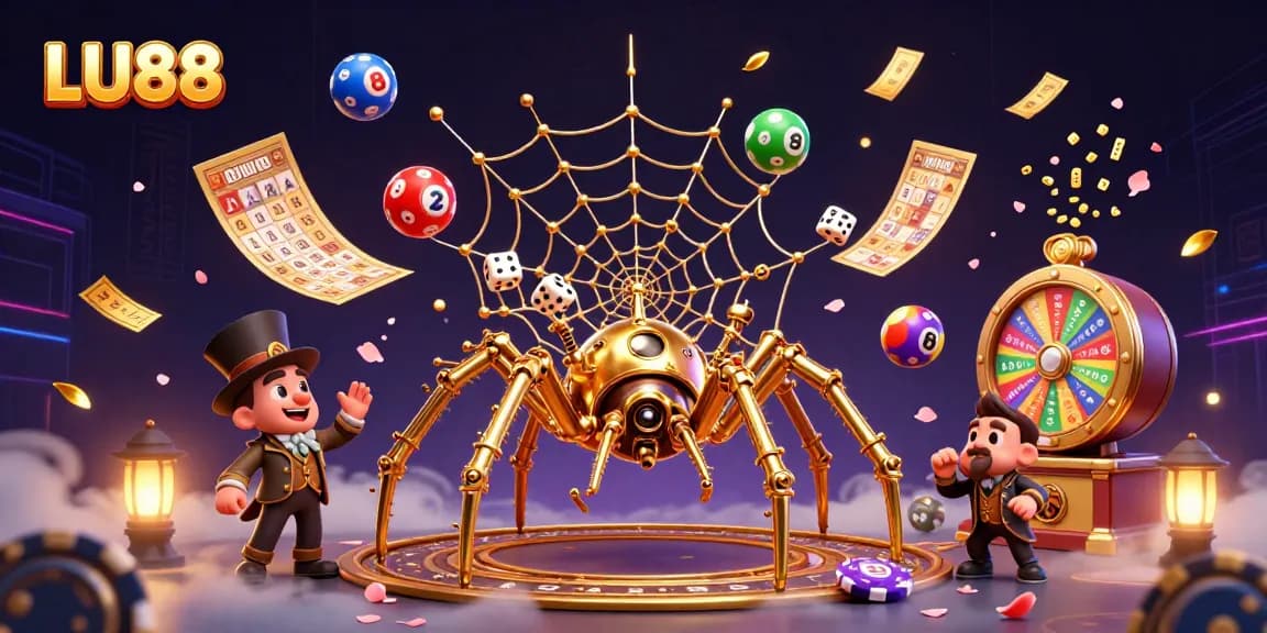 LU88 brings thrilling lottery action with colorful balls and excited characters in a lively, dynamic casino scene.