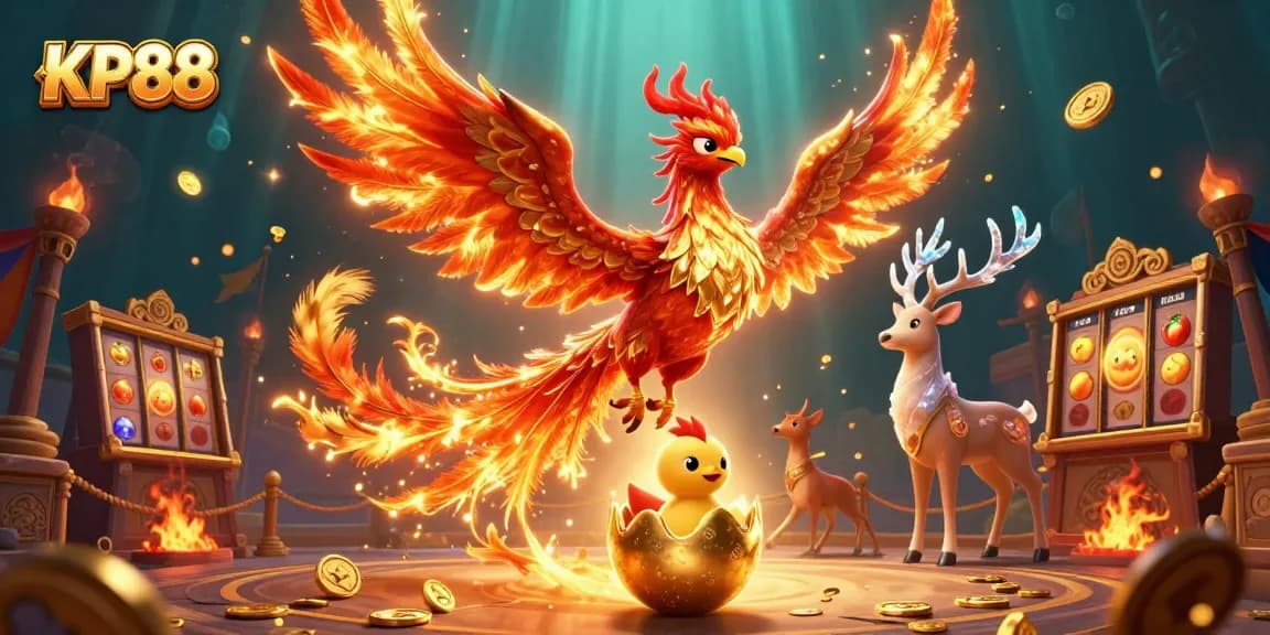 Engage with KP88 in a vibrant online casino scene featuring a fire phoenix, baby phoenix, and mystical stag amidst rich game elements.