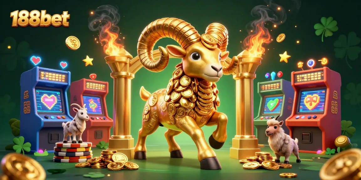Experience the thrill of 188bet with a dynamic casino scene featuring a golden ram and vibrant game elements.