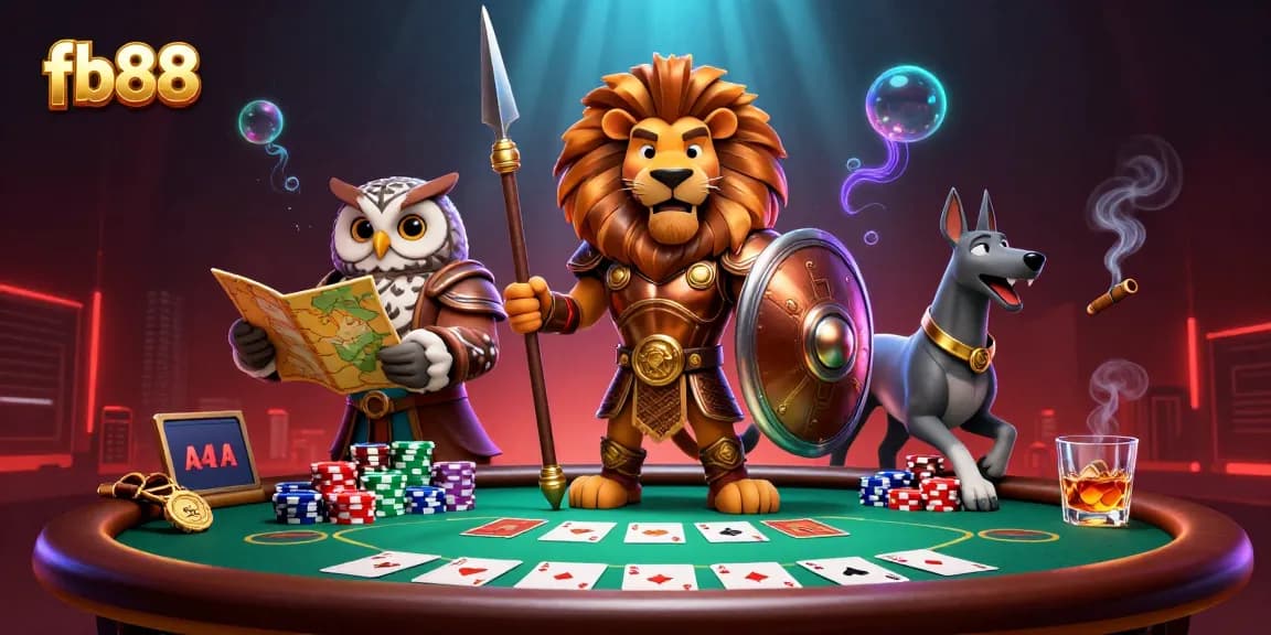 Engage with fb88 in a vibrant 3D casino scene featuring poker and animated characters.