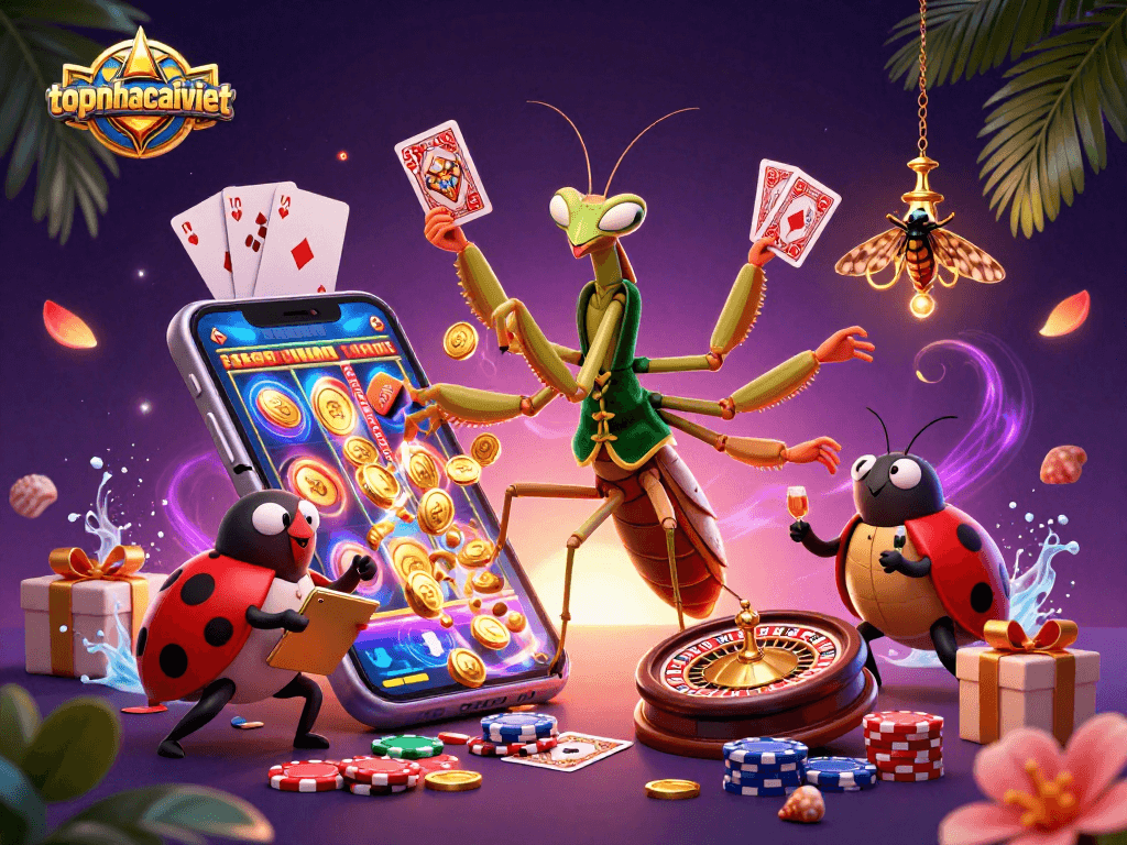 topnhacaiviet showcases lively online casino action with a unique 3D cartoon scene featuring a mantis card sharp.