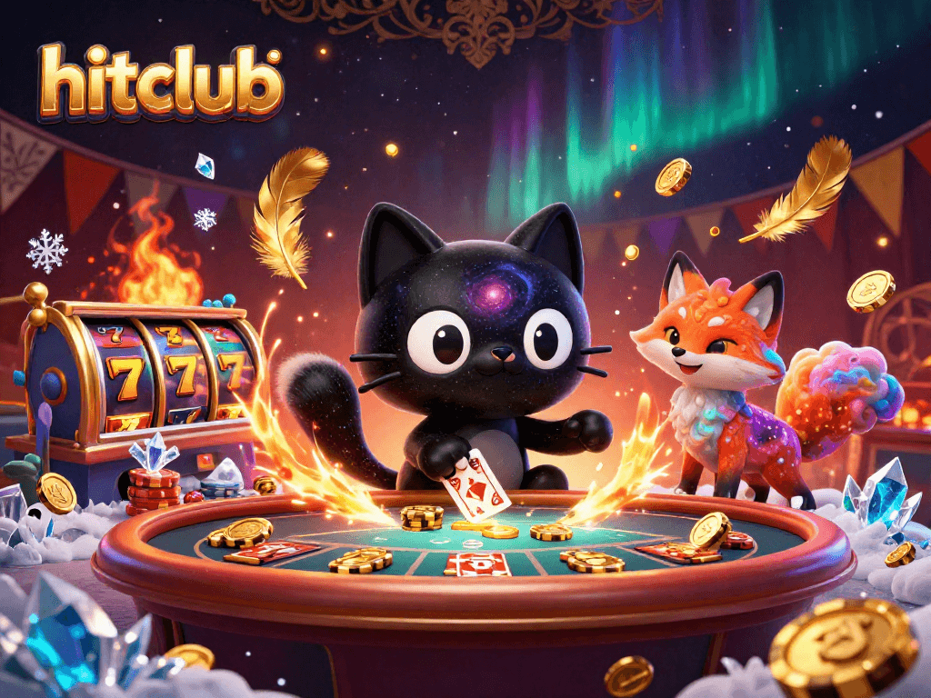 The cosmic casino scene showcases the hitclub cat pulling in chips and cards, surrounded by vibrant gaming elements.