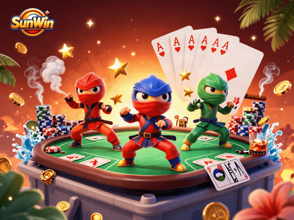 Experience thrilling gameplay with SunWin poker action featuring ninja chameleons in a vibrant casino scene.