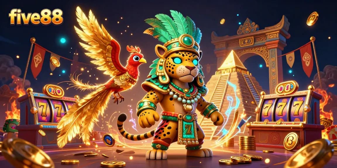 Engage in thrilling gambling experiences at five88 with a vivid casino scene featuring a Mayan priest, quetzal bird, and golden treasures.