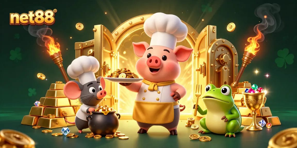 Win big with net88's vibrant casino scene featuring chefs and gold treasures.