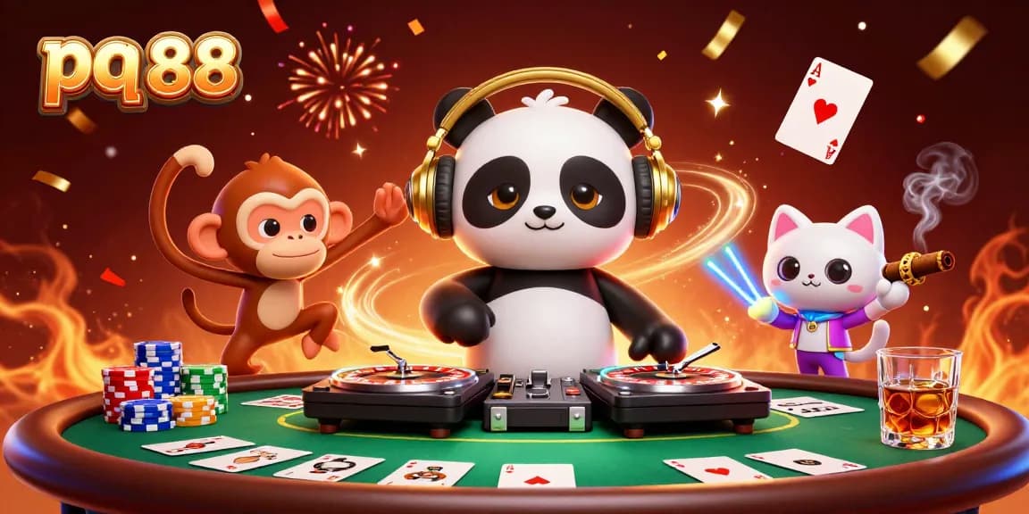 Experience the vibrant celebration of pq 88 with a DJ panda and colorful casino elements.