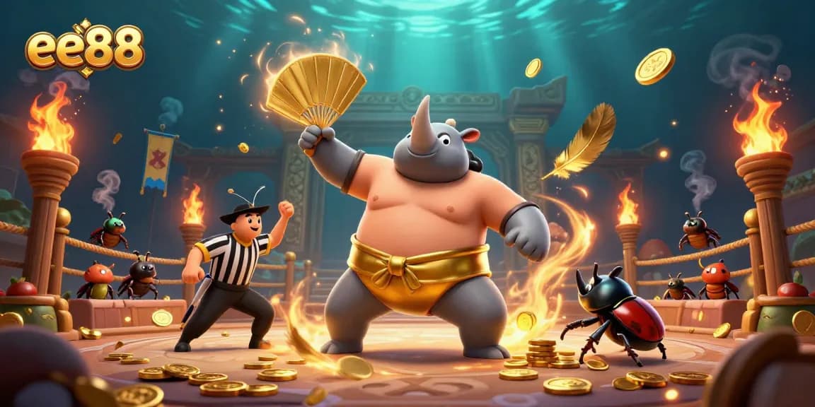 Engage with ee88 in a vibrant, dynamic 3D casino scene featuring a champion beetle, throwing coins, and excited spectators.