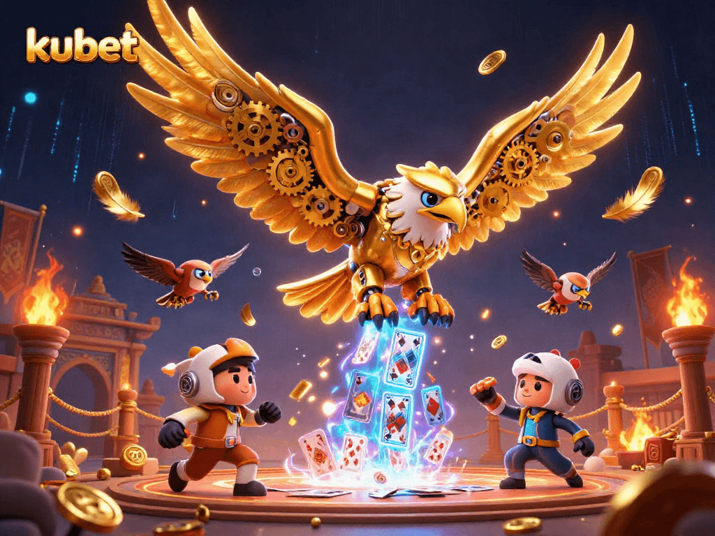 Kubet unleashes excitement with an epic 3D golden eagle amidst animated casino elements and holographic cards.