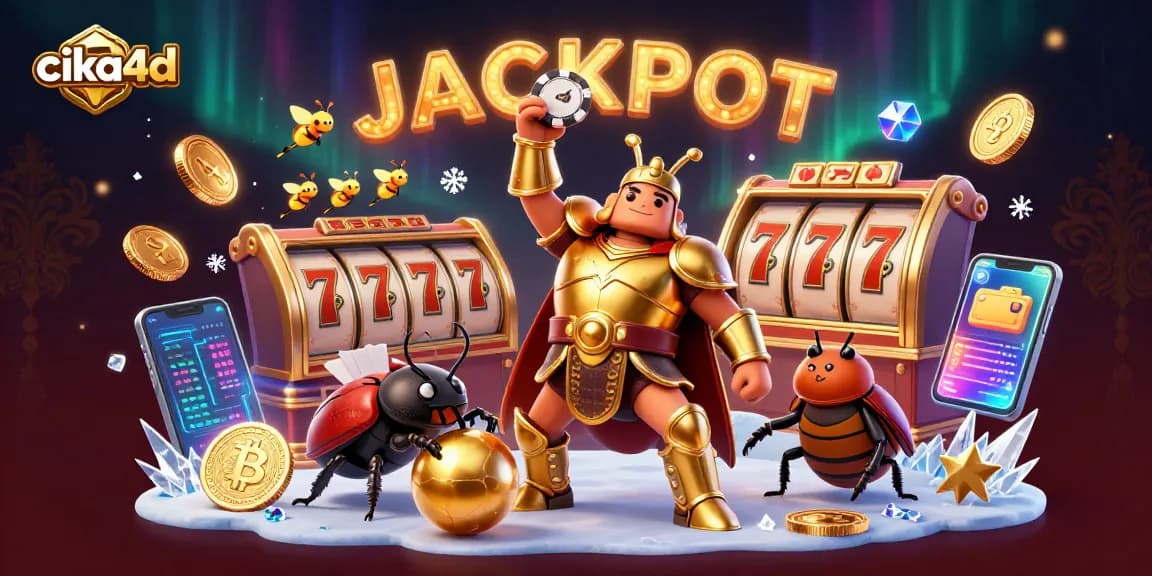 Experience excitement at cika4d with a cartoon beetle lifting a poker chip, amidst vibrant casino elements.