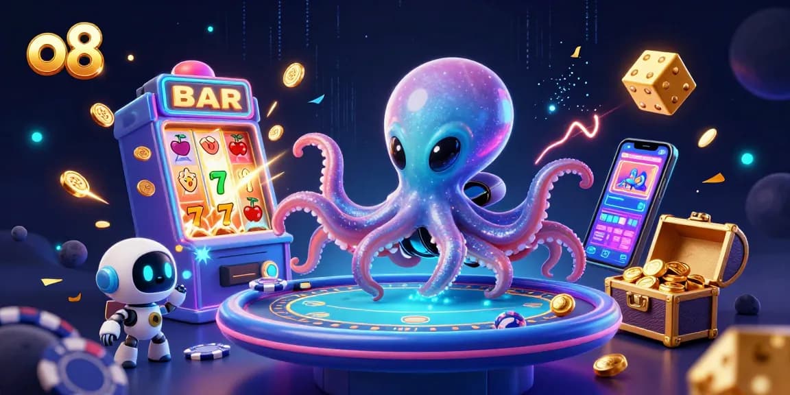 Experience thrilling gameplay at o8 with an alien octopus mastering the holographic poker table, surrounded by vibrant casino action.