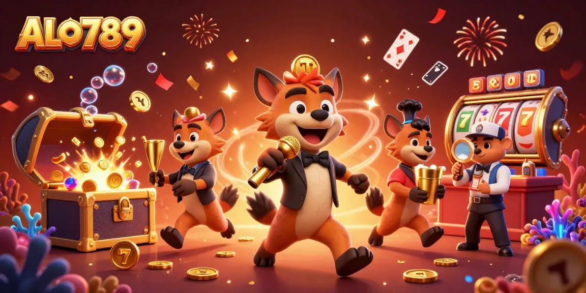 Experience thrilling gaming at ALO789 with hyenas enjoying casino antics in a vibrant scene.