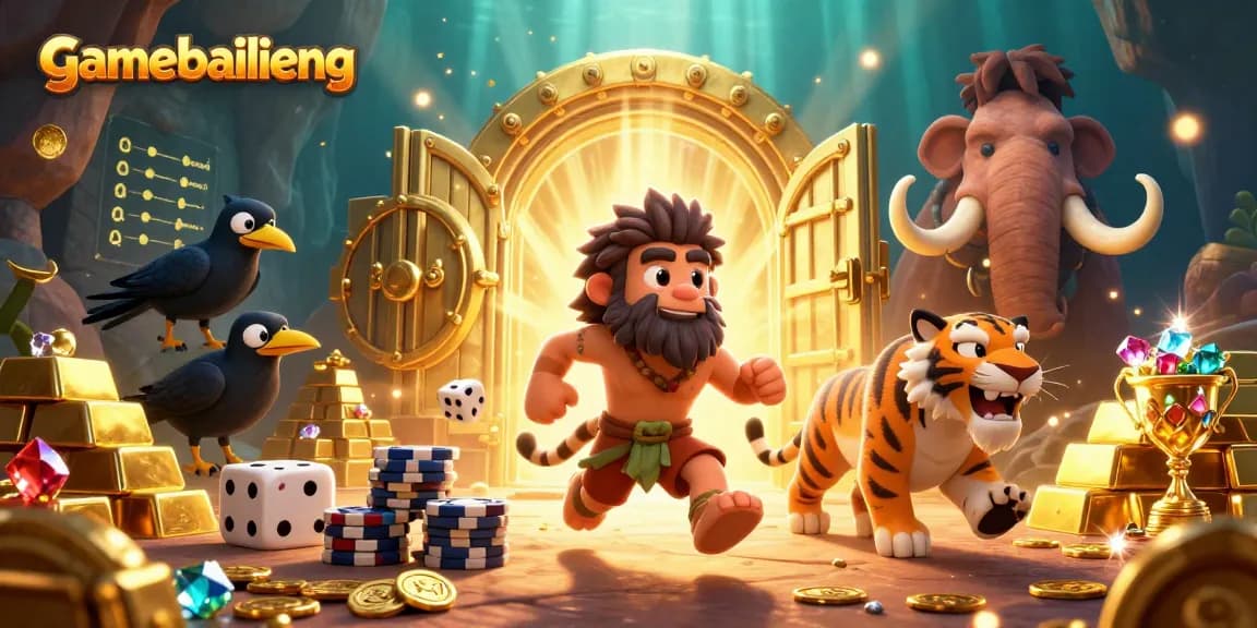 Experience thrilling gameplay at gamebailieng with a vibrant prehistoric casino scene featuring a caveman and saber-tooth tiger