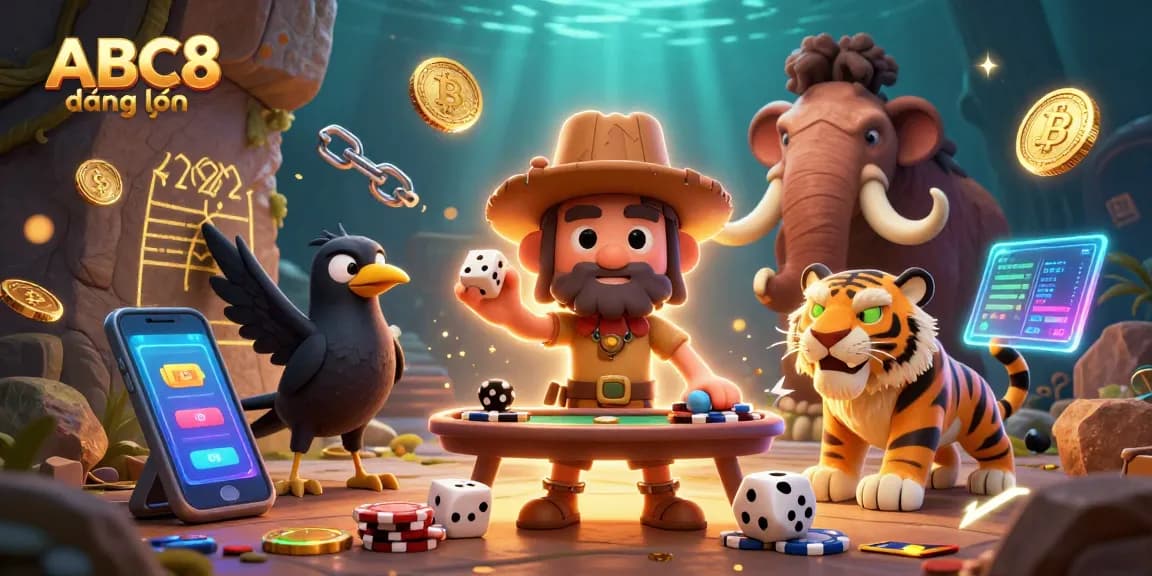 Experience the excitement of ABC8 đăng nhập with a dynamic 3D casino scene featuring imaginative characters and crypto elements.