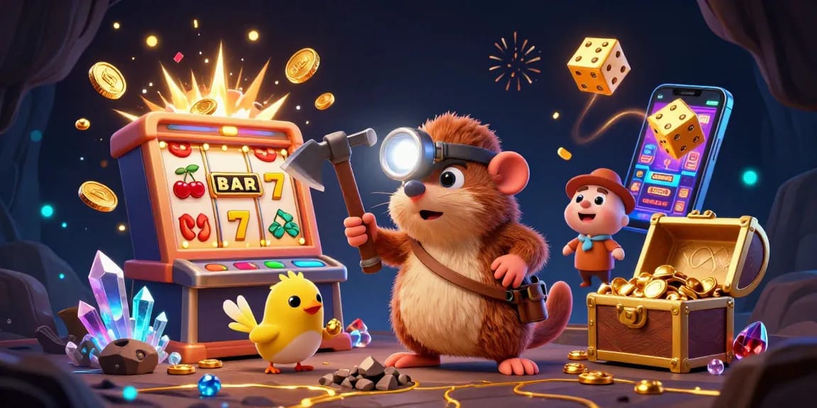 FL88 offers thrilling gaming experiences with a vibrant cartoon scene depicting a treasure hunter mole and casino excitement.