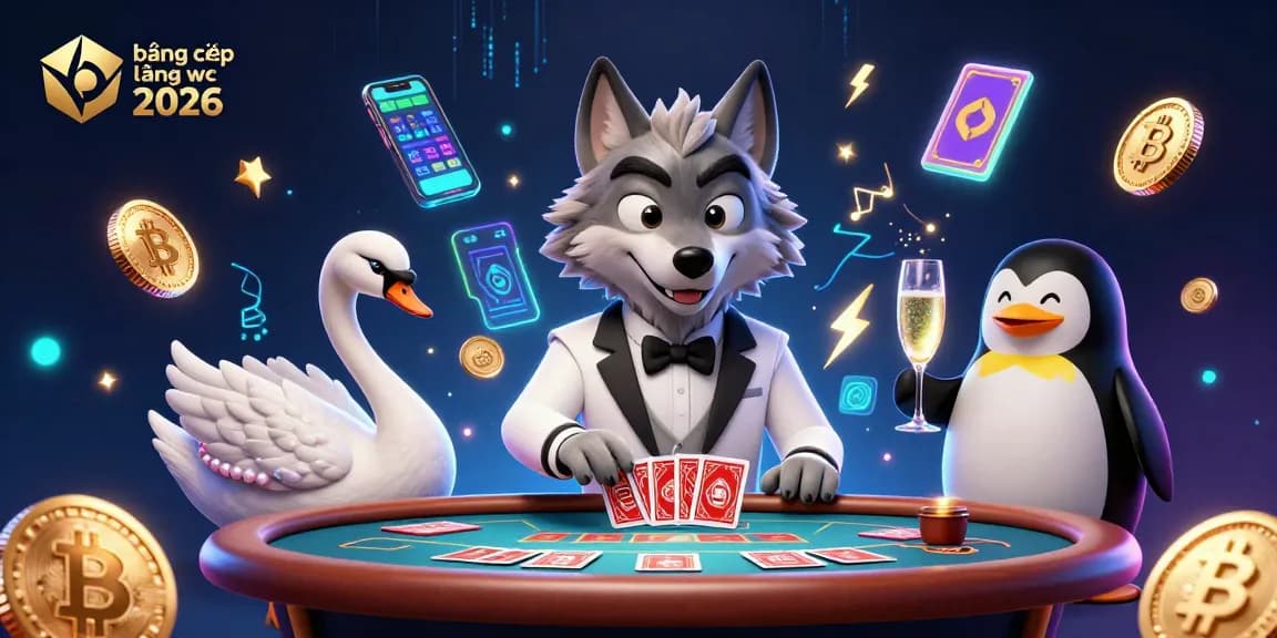 Bảng xếp hạng wc 2026 shows a debonair wolf at a baccarat table amidst crypto coins and vibrant elements.