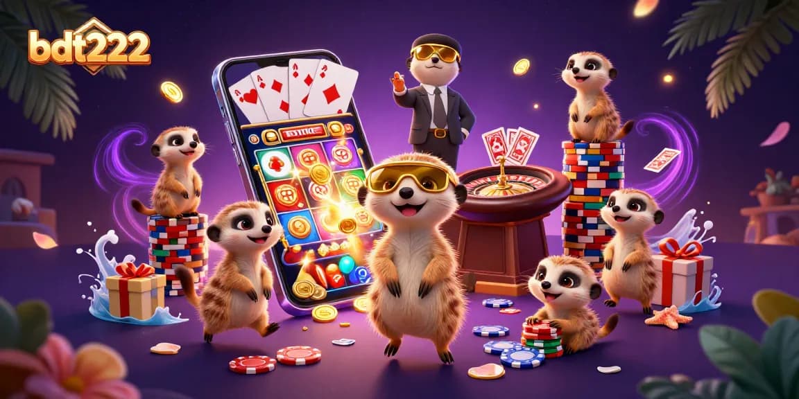 Engage with bdt222's thrilling gaming experience featuring meerkats in a dynamic casino scene.