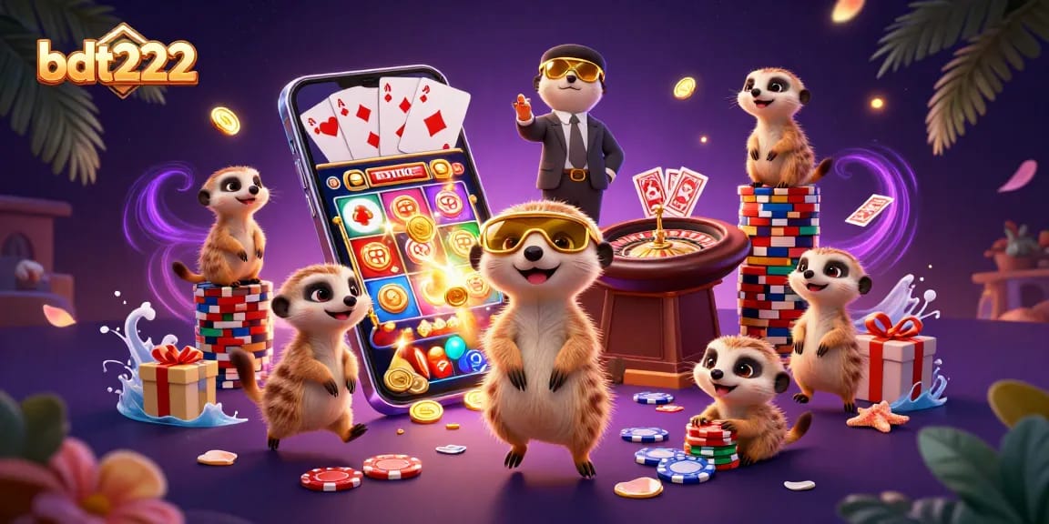 Engage with bdt222's thrilling gaming experience featuring meerkats in a dynamic casino scene.