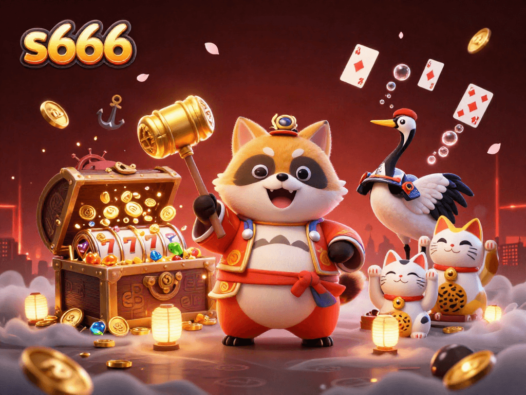s666 celebrates vibrant gaming with cheerful tanuki and festive symbols at an exciting casino.