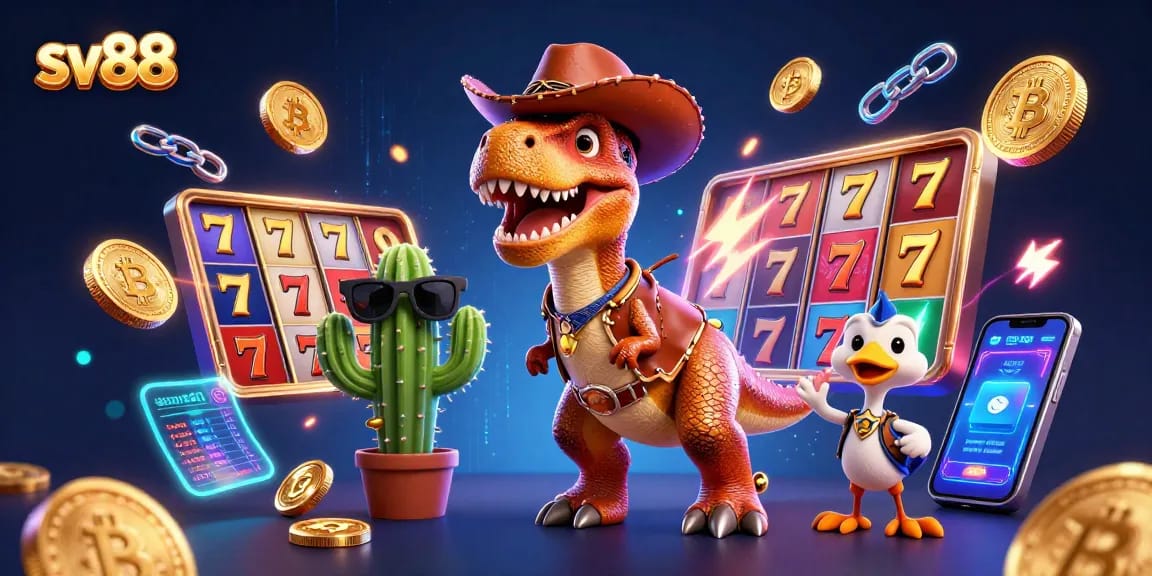 Experience the excitement of sv88 slots with a vibrant 3D illustration of cartoon characters amidst neon-themed game elements.
