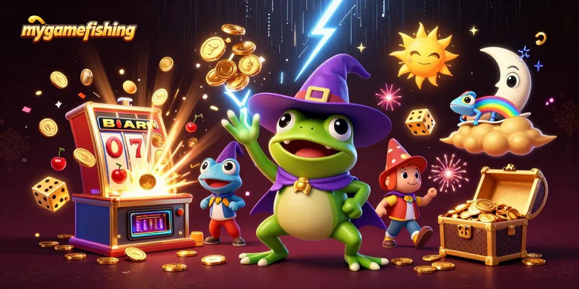 Experience mygamefishing with a vibrant 3D scene of a weather wizard frog and rainbow chameleon.