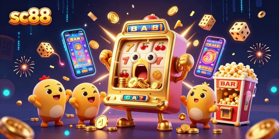 sc88 celebrates with a golden slot machine hitting jackpot as coins pour out in a vibrant casino scene