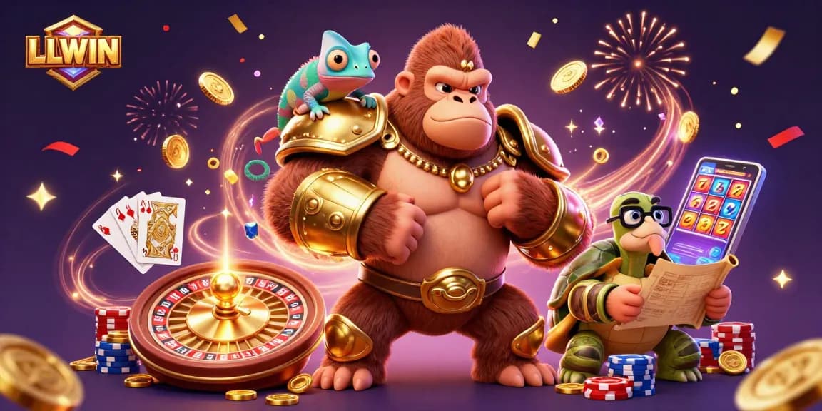 Experience thrilling wins at LLWIN with the powerful gorilla and his wise tortoise companion in a vibrant casino scene.
