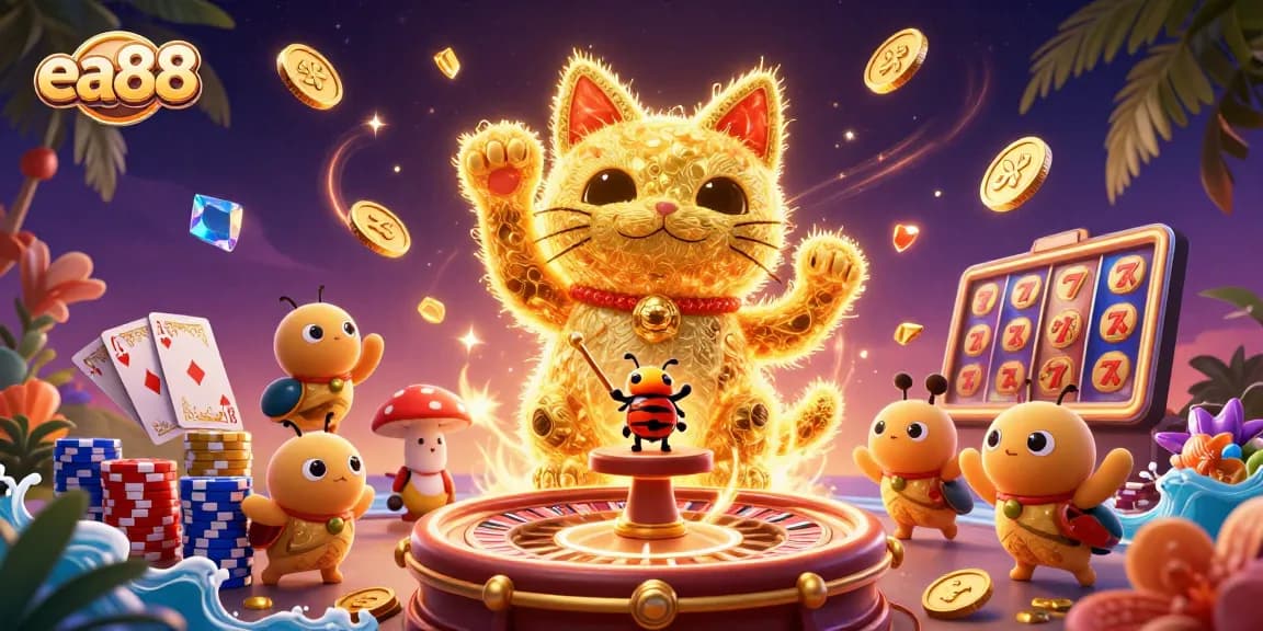 Experience celebration at ea88 with a golden lucky cat and dynamic casino symbols!