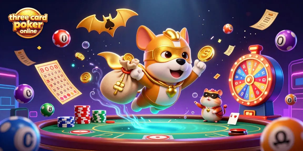 Experience three card poker online with thrilling gameplay as colorful elements surround our superhero dog.