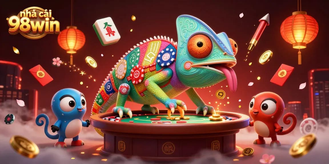 Experience the dynamic world of nhà cái 98win with a vibrant 3D casino illustration bursting with action.