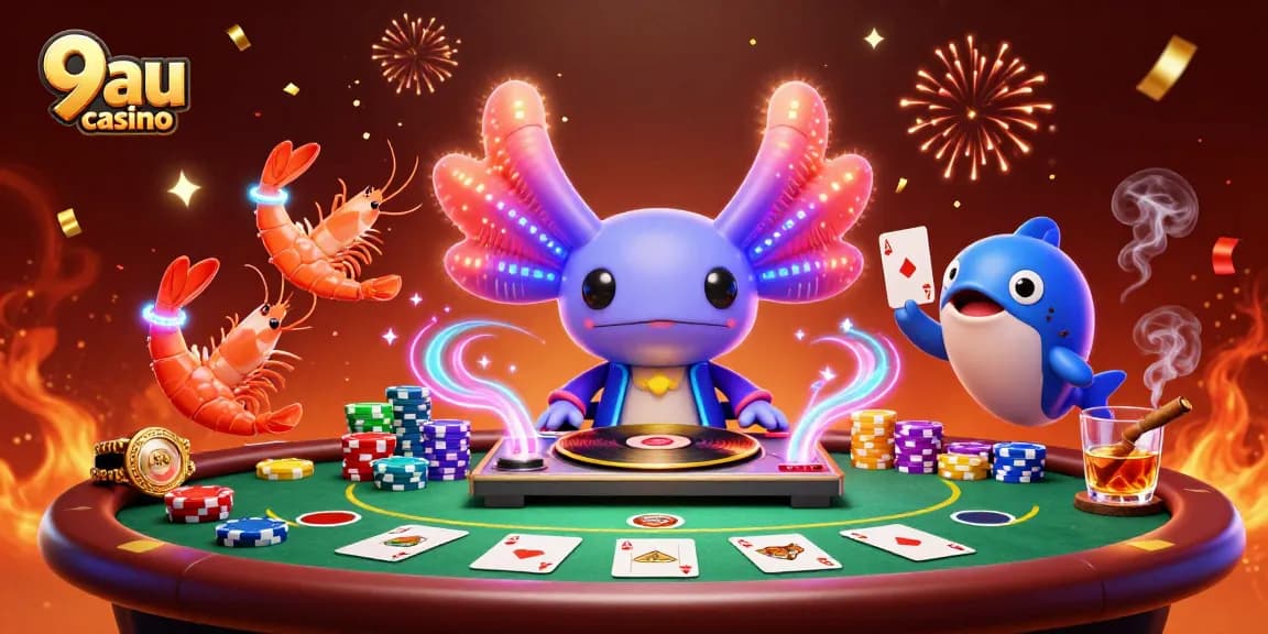 Experience the excitement of 9au casino with a vibrant 3D scene featuring animated casino characters.