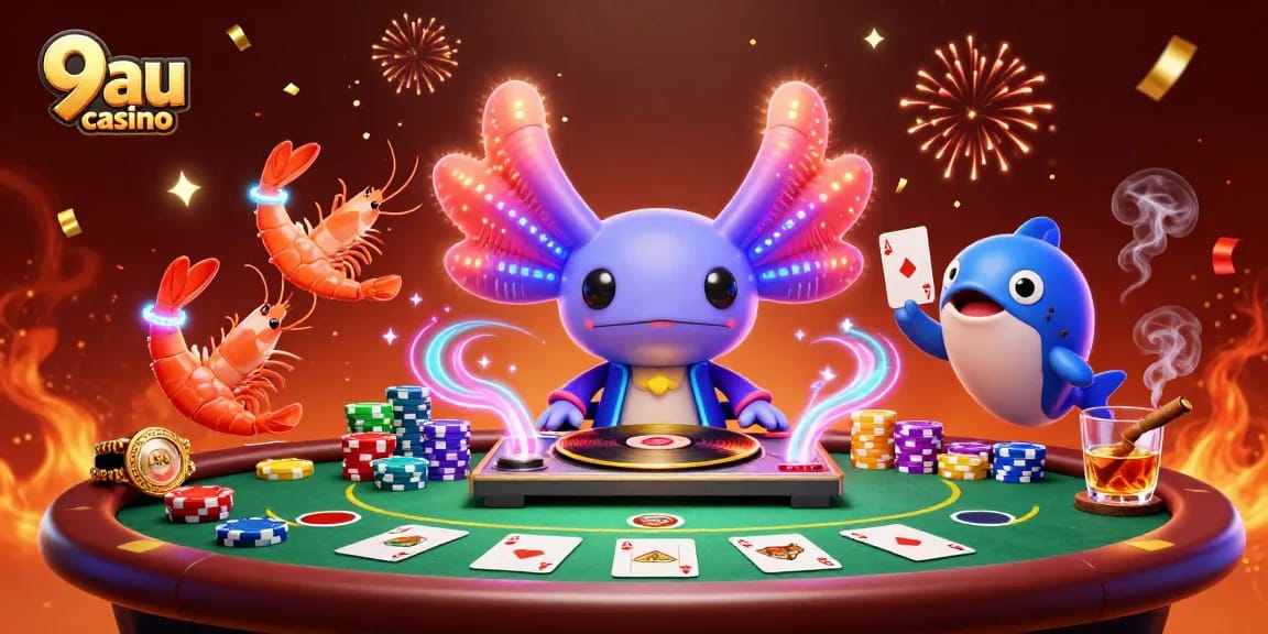 Experience the excitement of 9au casino with a vibrant 3D scene featuring animated casino characters.
