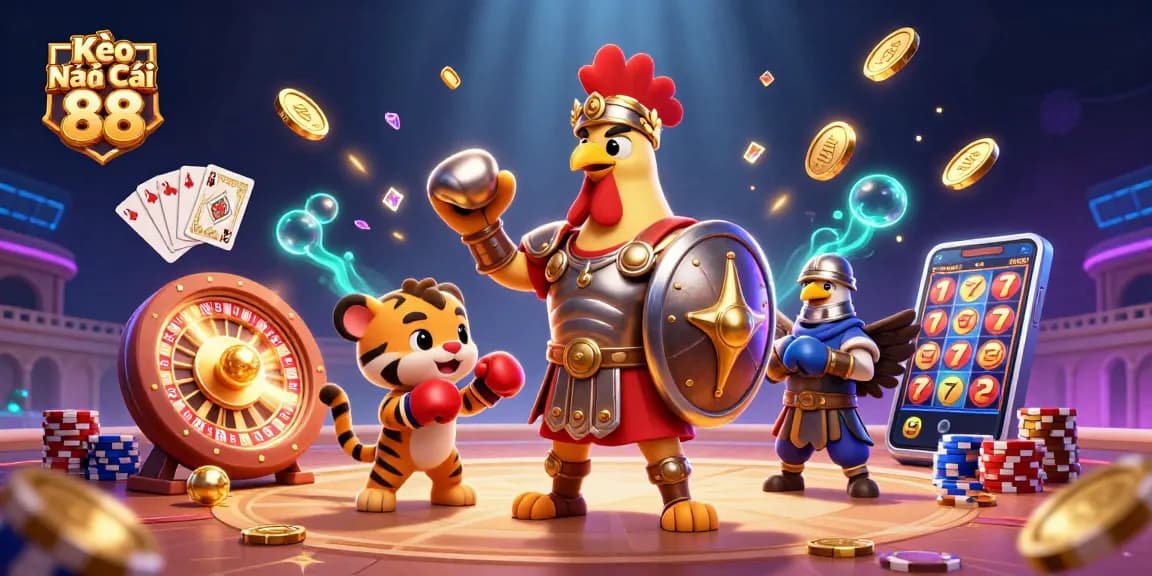 Kèo Nhà Cái 88 presents a vibrant scene with a gladiator rooster and casino elements, capturing the excitement of online gambling.