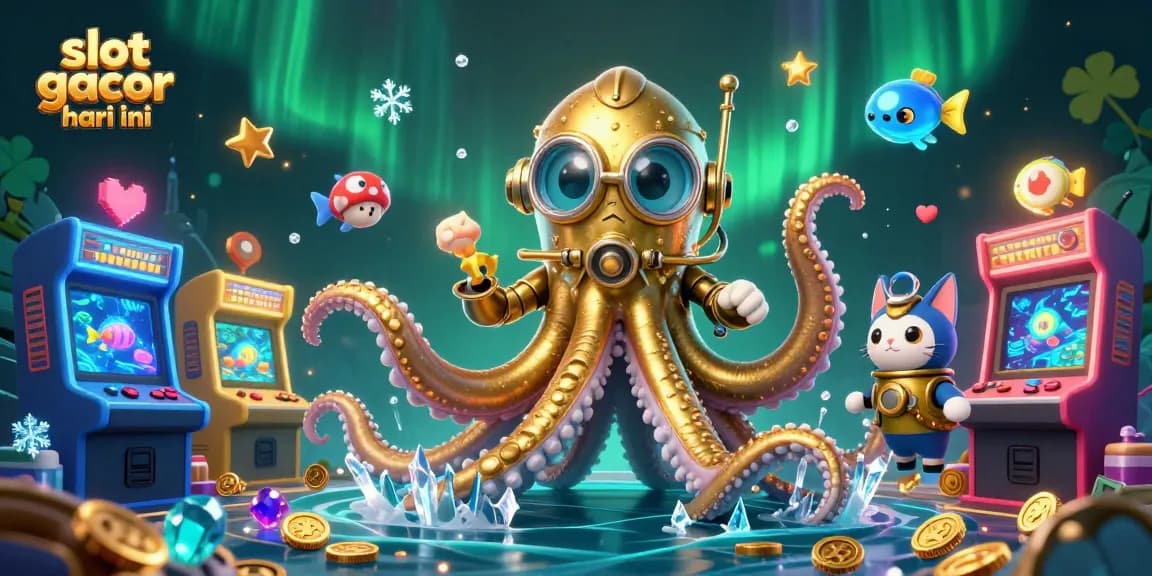 Menghadirkan slot gacor hari ini dalam gambar ilustrasi 3D menampilkan karakter kraken dan ikan laut terbioluminesensi.