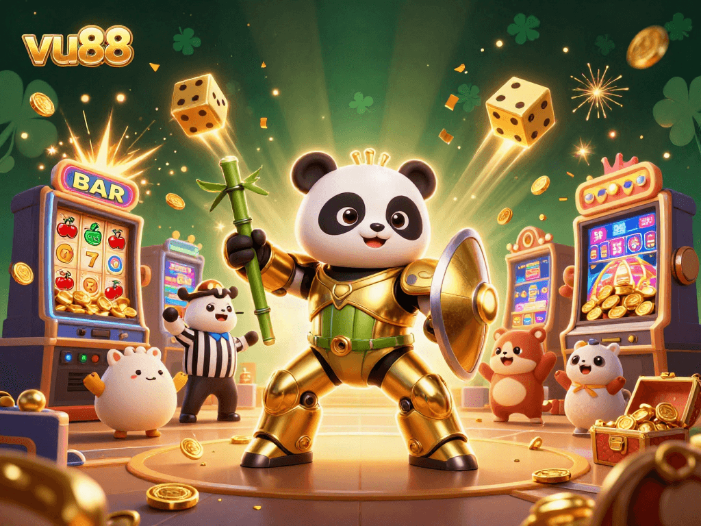 Experience the excitement of vu88's vibrant 3D casino scene with dynamic slots and cheering fans.