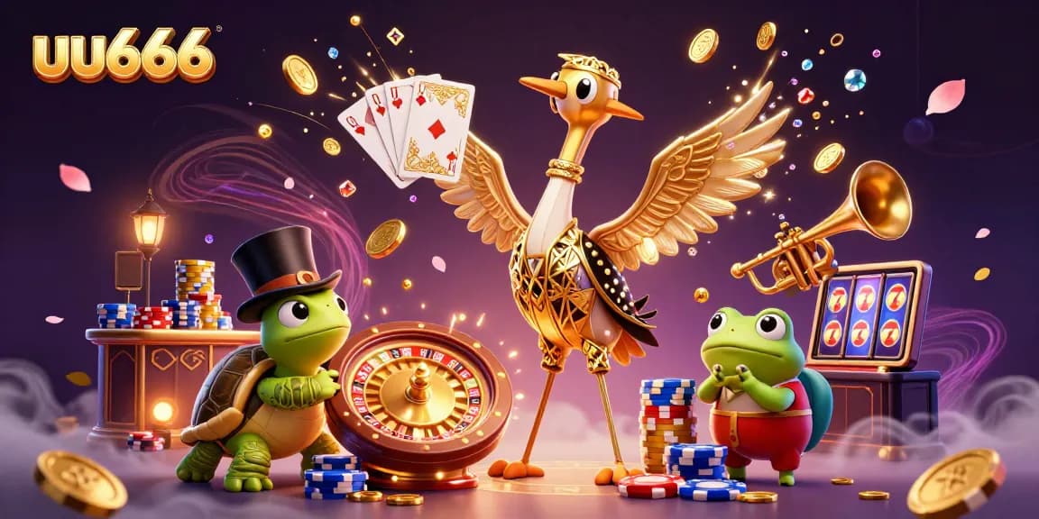 uu666 showcases vibrant gambling scene with detailed characters, stacked poker chips, and flying coins.
