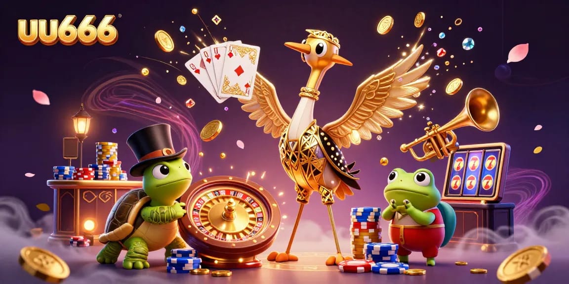 uu666 showcases vibrant gambling scene with detailed characters, stacked poker chips, and flying coins.