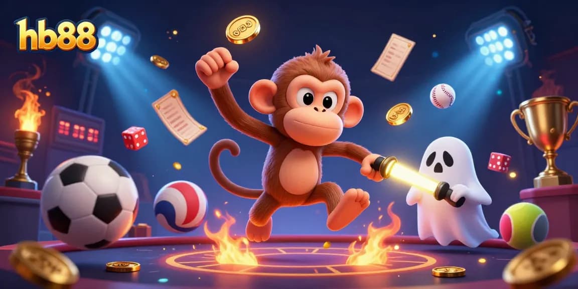 Enjoy thrilling moments at hb88 with a playful poltergeist monkey juggling coins and sports elements in a vibrant casino scene.