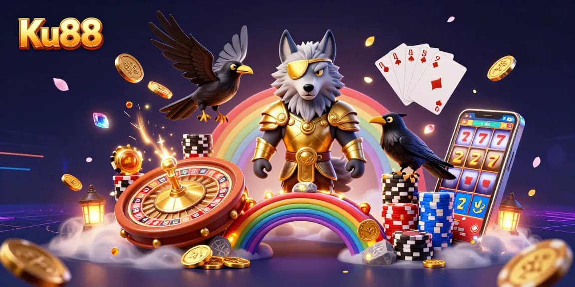 Experience thrilling gameplay at Ku88 with vibrant 3D illustration featuring Odin and casino elements.
