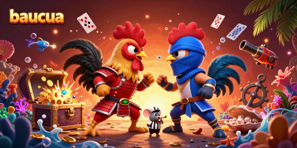 Baucua captures the thrilling standoff between roosters with golden feathers amidst explosive casino elements.