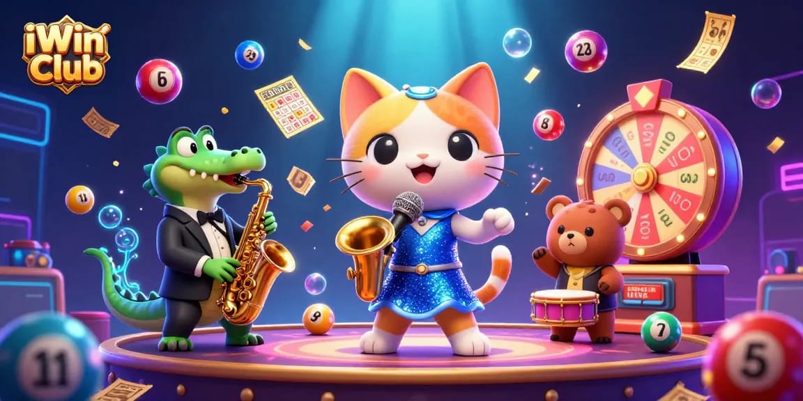 Experience the lively atmosphere of iWin Club with a colorful casino scene featuring cartoon characters and dynamic elements.