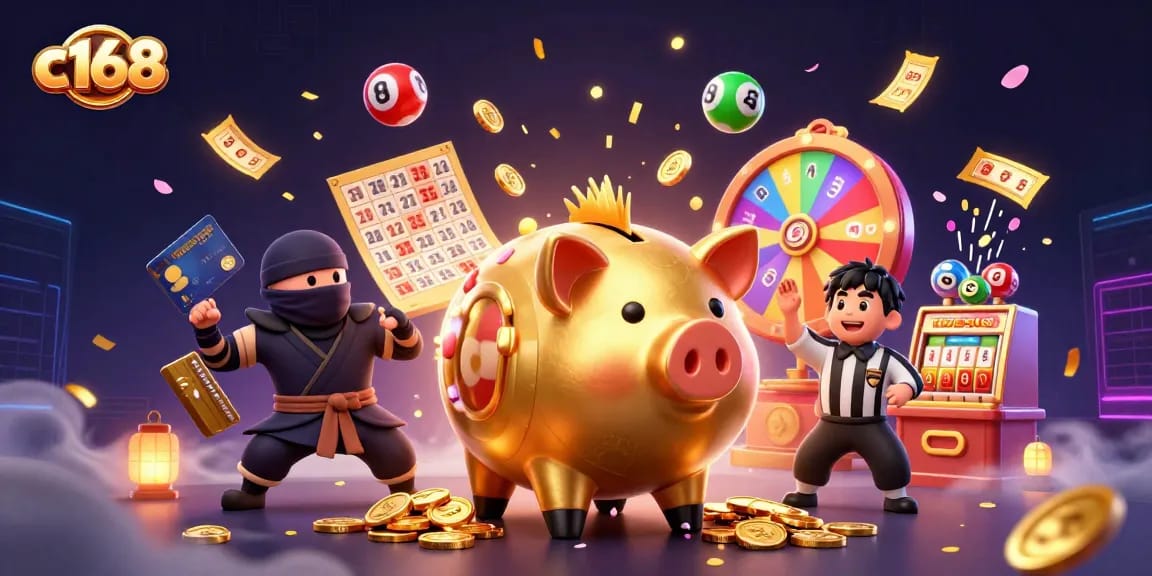 Experience dynamic gaming at c168 with a lively casino scene featuring bonus game elements and vibrant characters.