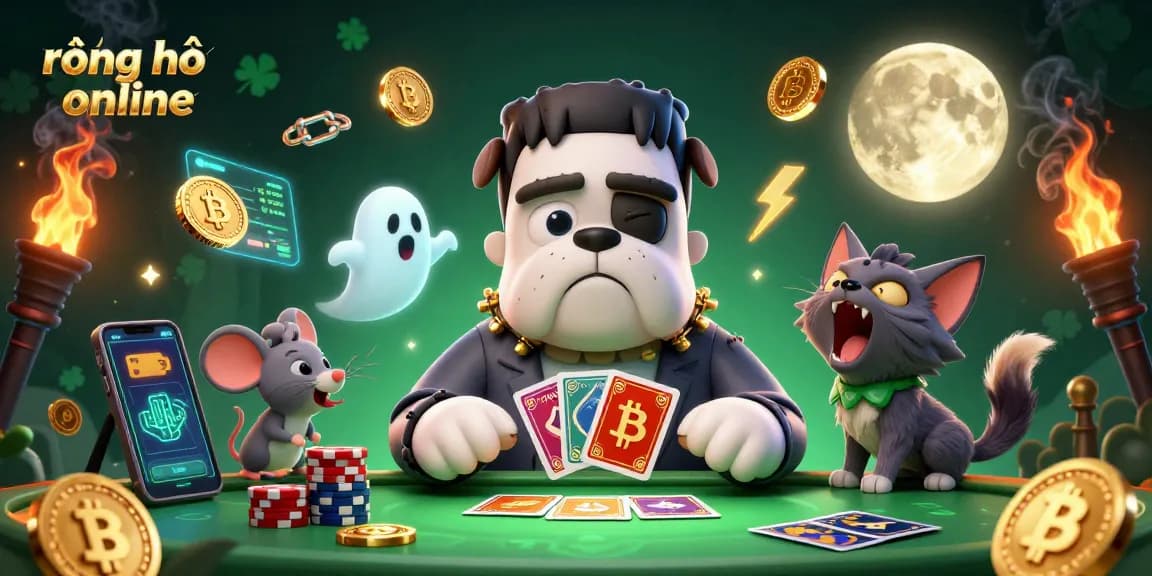 Engage in thrilling rồng hổ online action as a 3D cartoon bulldog dealer shuffles cards amidst glowing crypto coins and mystical elements.