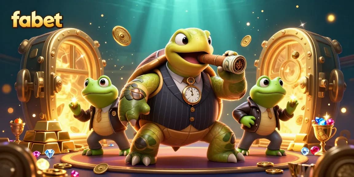 Bet big on fabet featuring a mobster turtle amongst treasures in a vibrant casino setting.