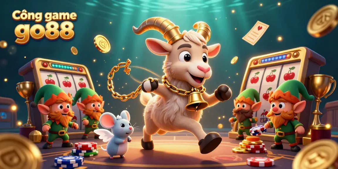 Cổng game go88 delivers a vibrant casino experience with slot reels, gold coins, and whimsical characters interacting in a dynamic setting.