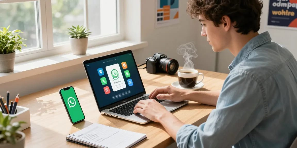 Engaging workspace scene with a professional downloading WhatsApp下載 on a laptop, showcasing modern tech elements and a vibrant atmosphere.